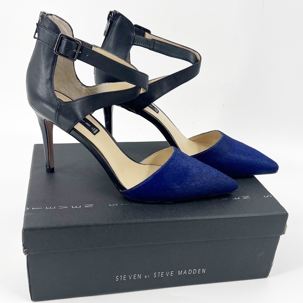 ✅NWB StevEn By Steve Madden Alicia Blue Pony SZ 9.5 Black Straps Heel Pointy Toe